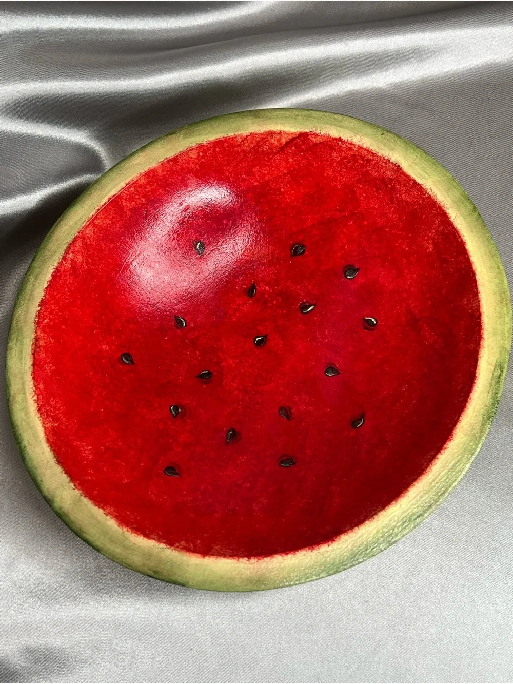 Vintage 1980s Folk Art Watermelon Wood Bowl Hand Painted Turned Decorative Dish